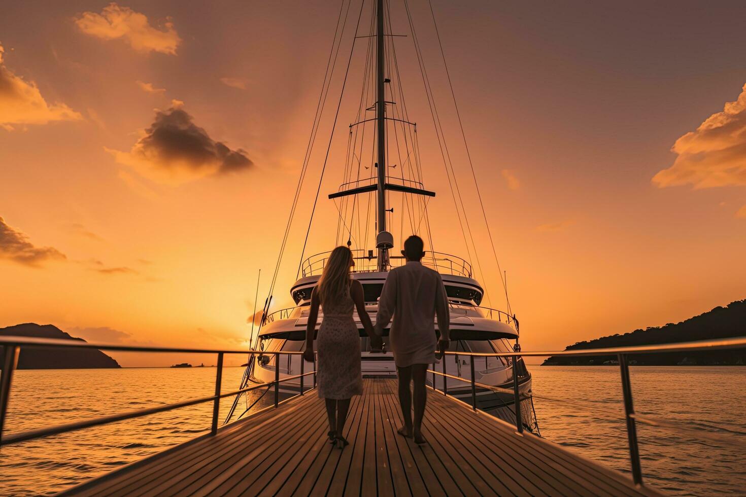coppia viaggio avventure su lusso yacht a tramonto , generativo ai foto