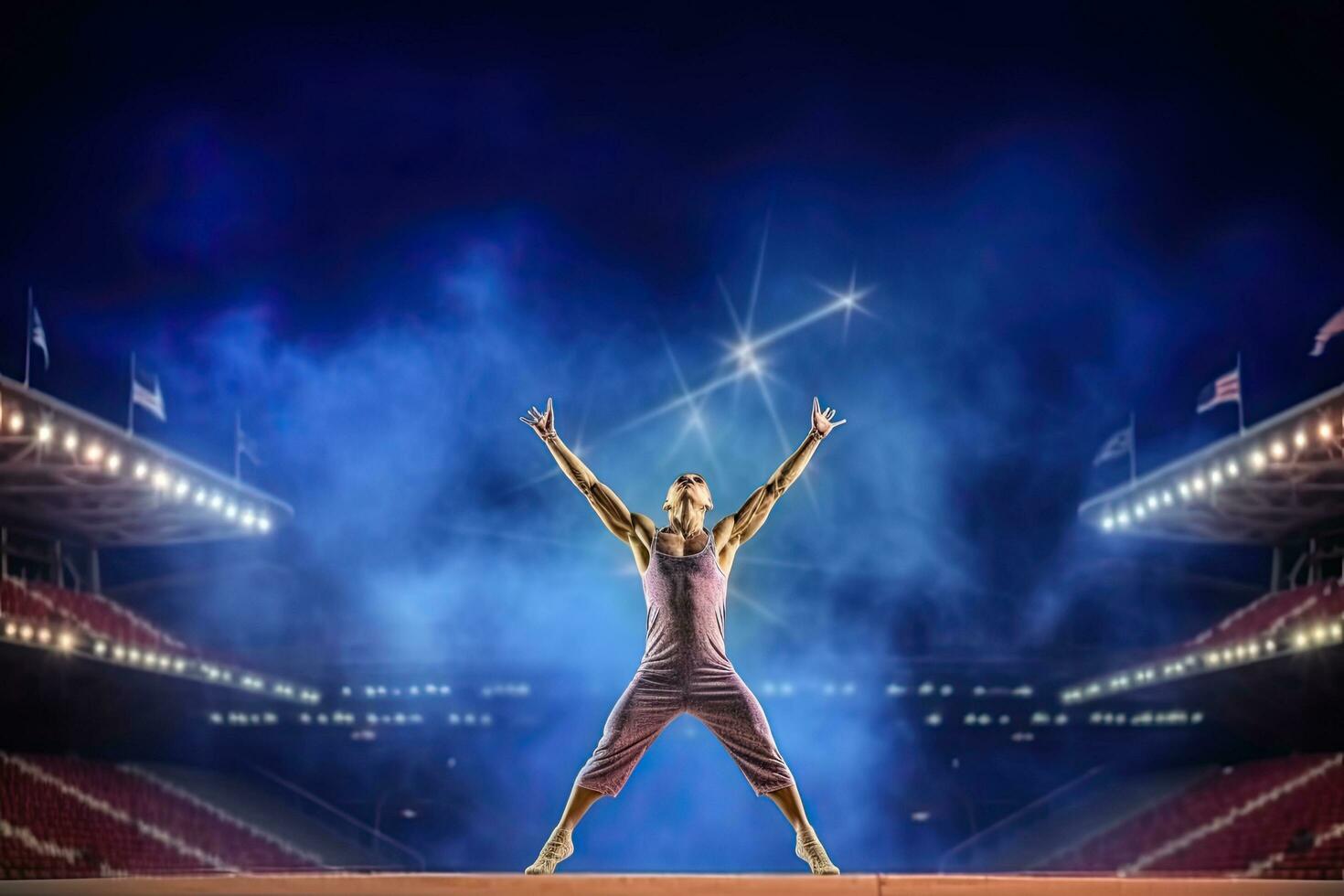 ginnastica giovane uomo nel azione su il interno stadio ,generativo ai. foto