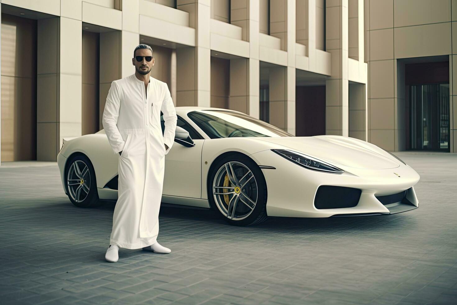 riuscito musulmano bello uomo d'affari nel tradizionale bianca kandoor con super auto nel il sfondo. riuscito saudita, Emirati, arabo uomo d'affari ,generativo ai . foto