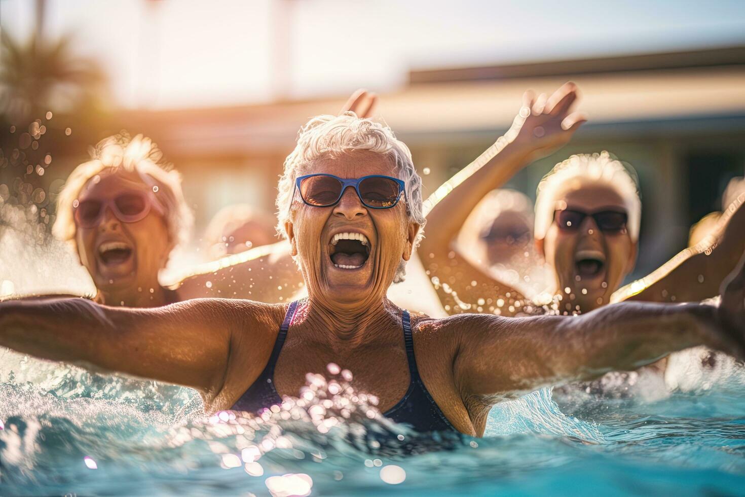 gruppo di anziano donne avendo un' esplosione nel un' acqua aerobica sessione a un all'aperto nuoto piscina ,generativo ai foto