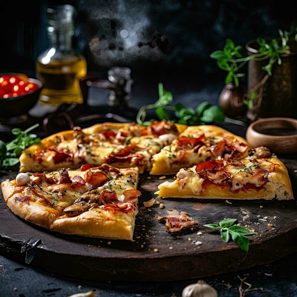 Pizza Napoleone ,italiano cibo su un' buio rustico sfondo, generativo ai. foto