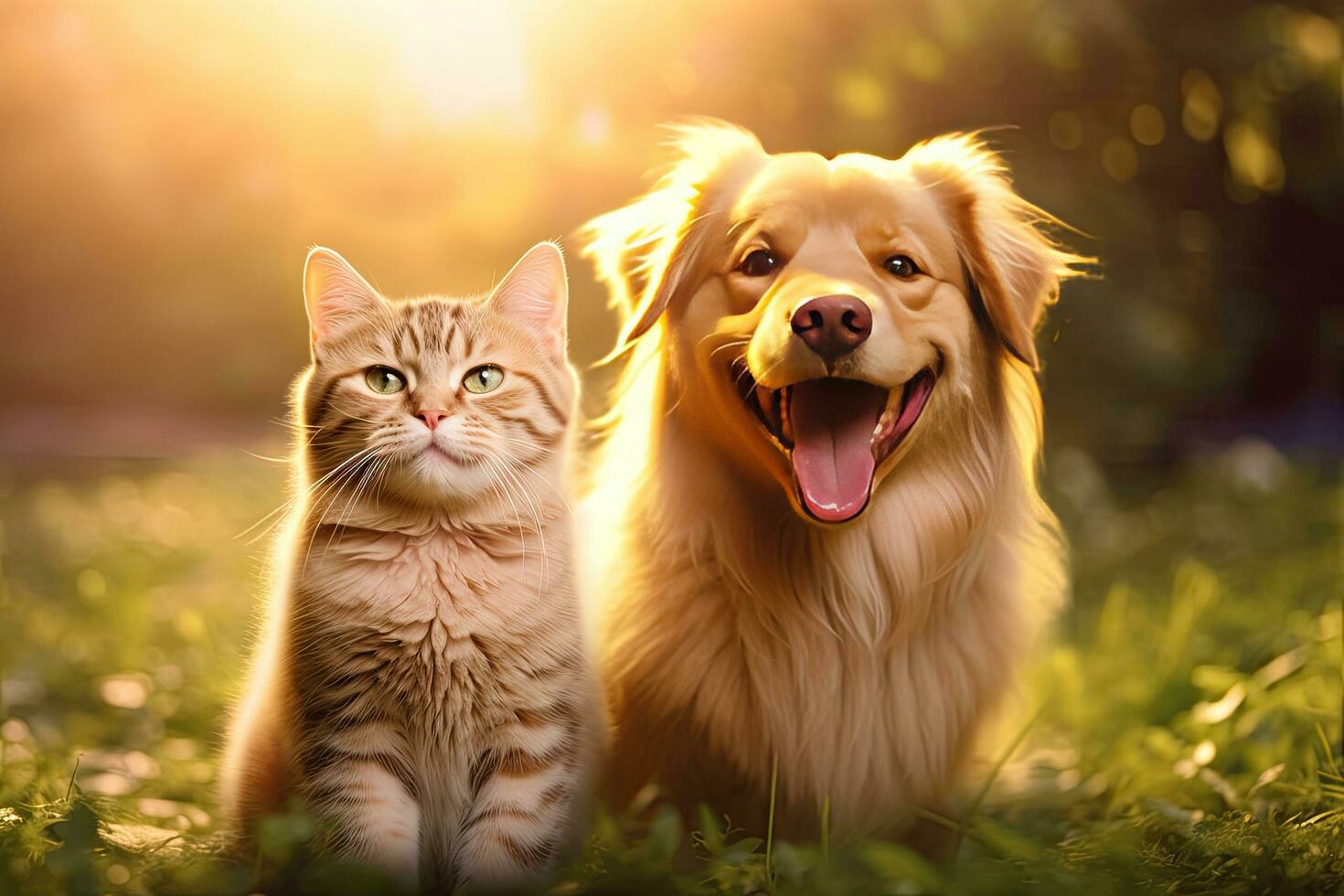 un' gatto e cani giocare nel il parco ,generativo arte foto