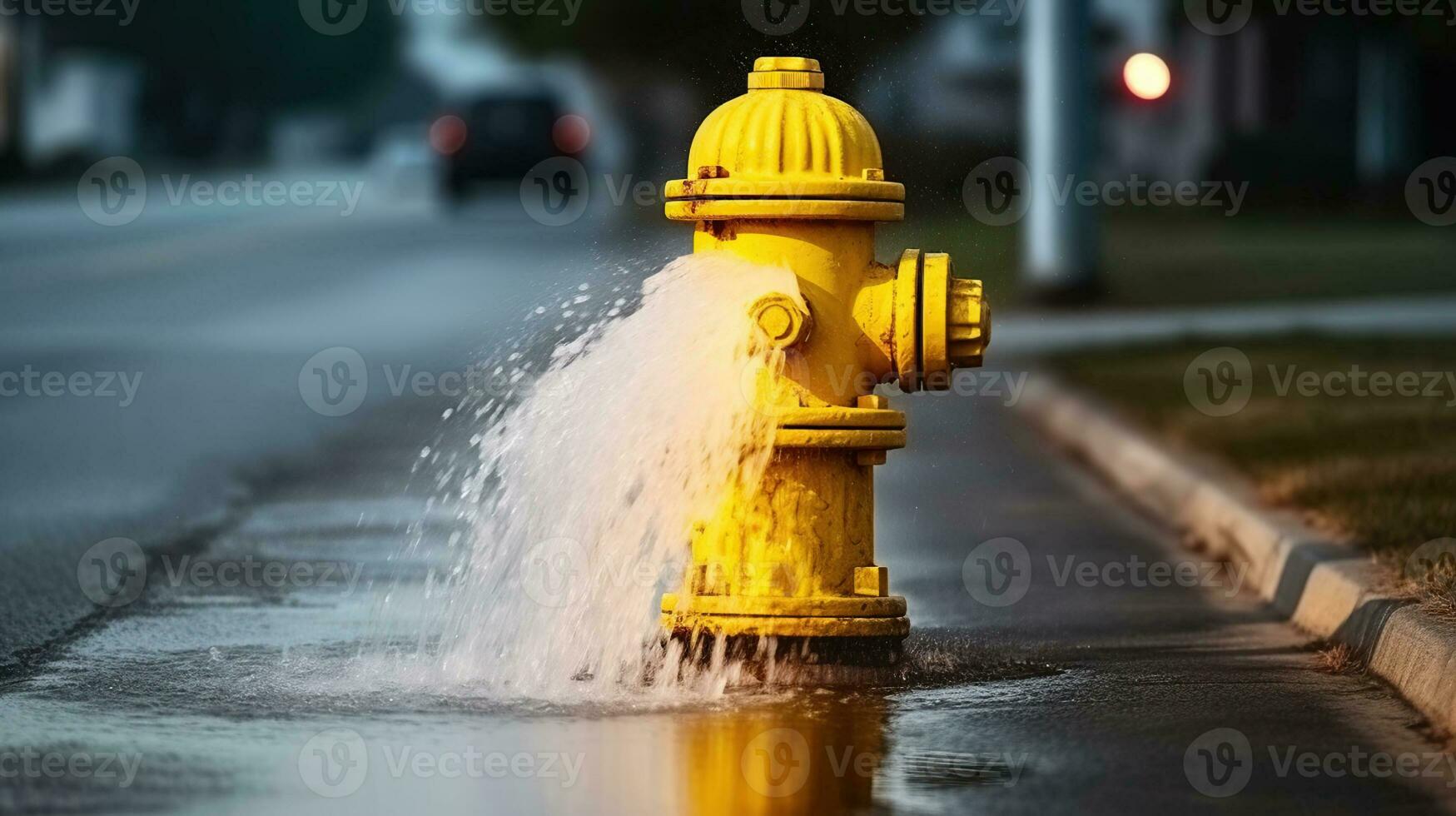 idrante giallo splashdown. avvicinamento di strada allagamento. generativo ai foto