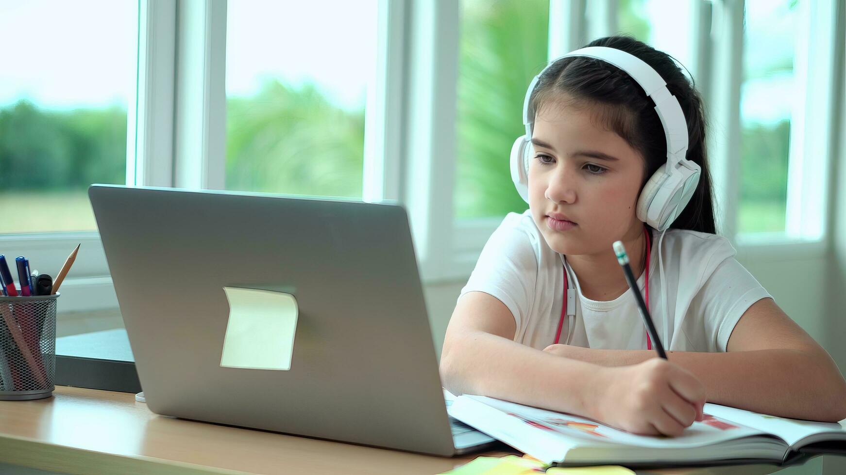 giovane ragazza lettura un' libro attentamente. carino giovane ragazza lettura su computer schermo seduta. ragazzo ragazza indossare cuffie Guardando Internet video corso seduta a casa scrivania. distanza apprendimento concetto. foto