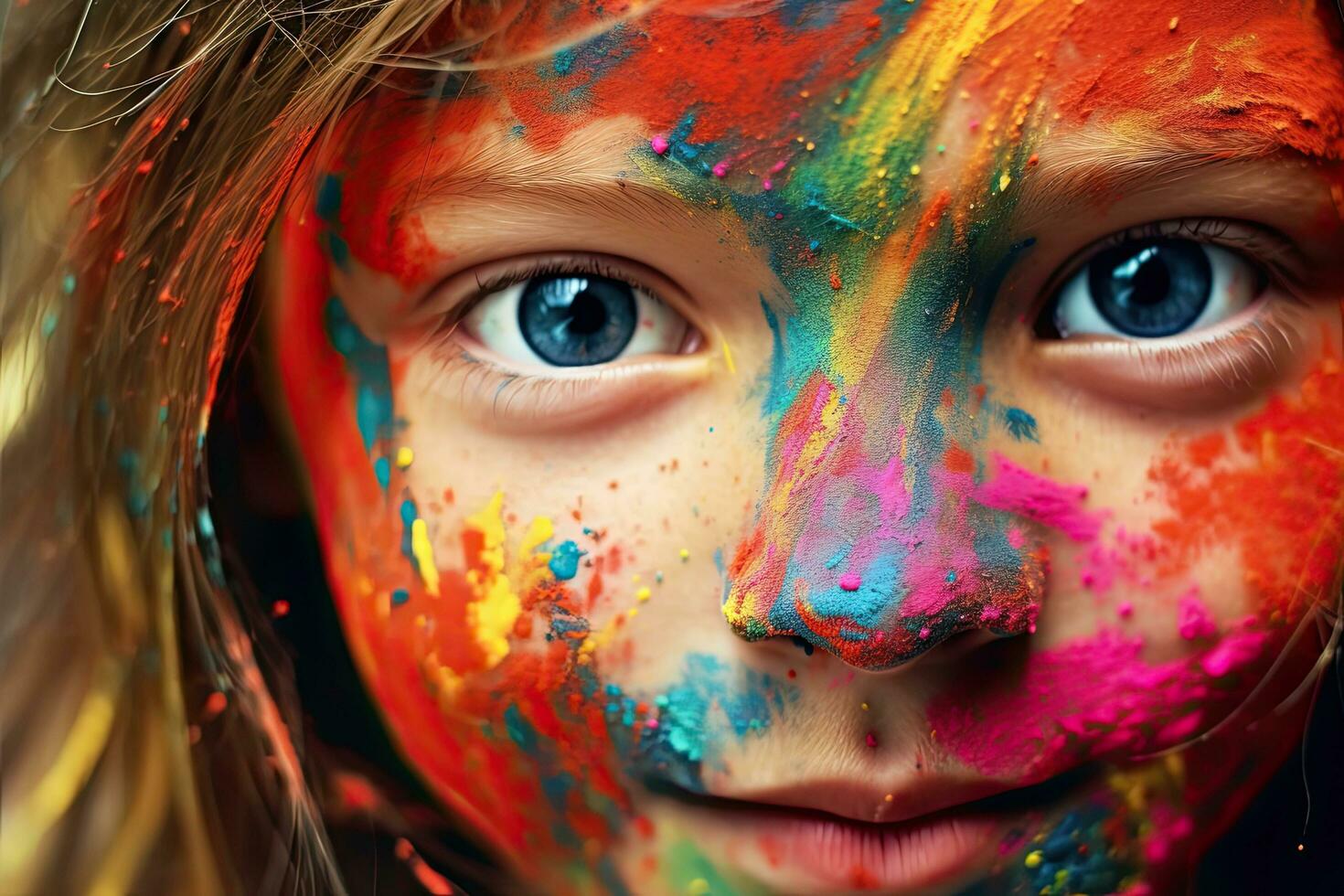 vicino su viso poco ragazza giocando con colori , generativo ai. foto