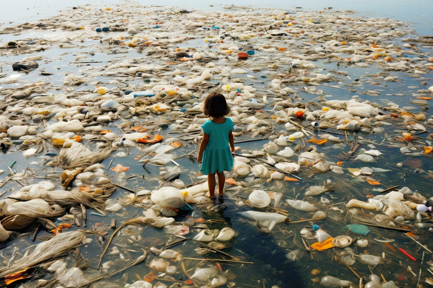 bambino guardare a un' lotto di plastica rifiuto nel il acqua, generativa ai . foto