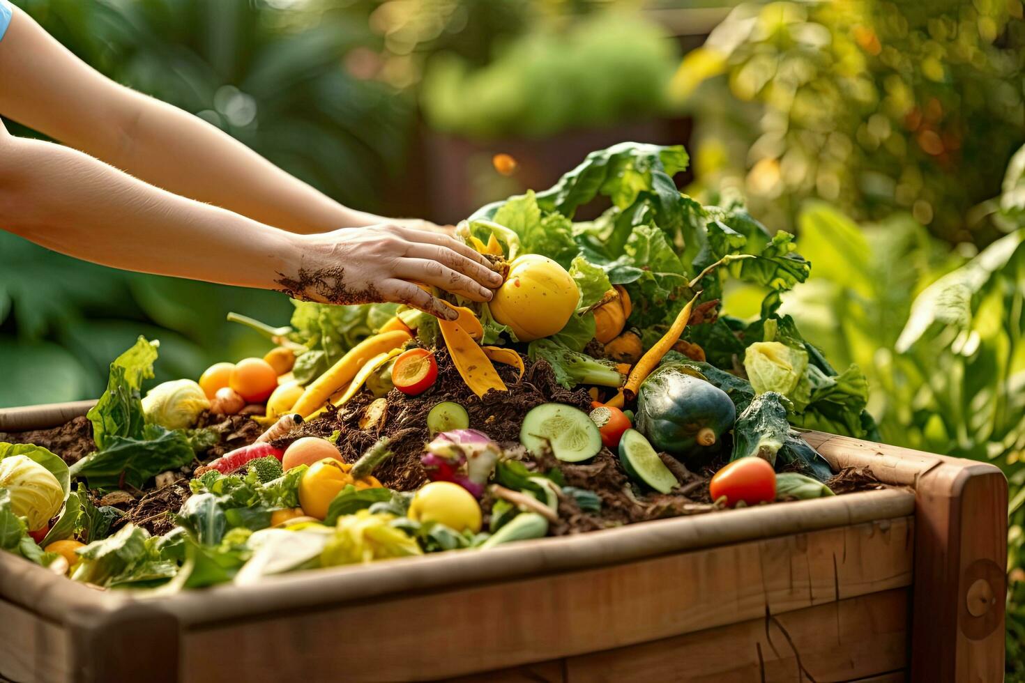 si chiude su mano compostaggio cibo rifiuto nel Giardino dietro la casa concime bidone giardino,generativo ai foto