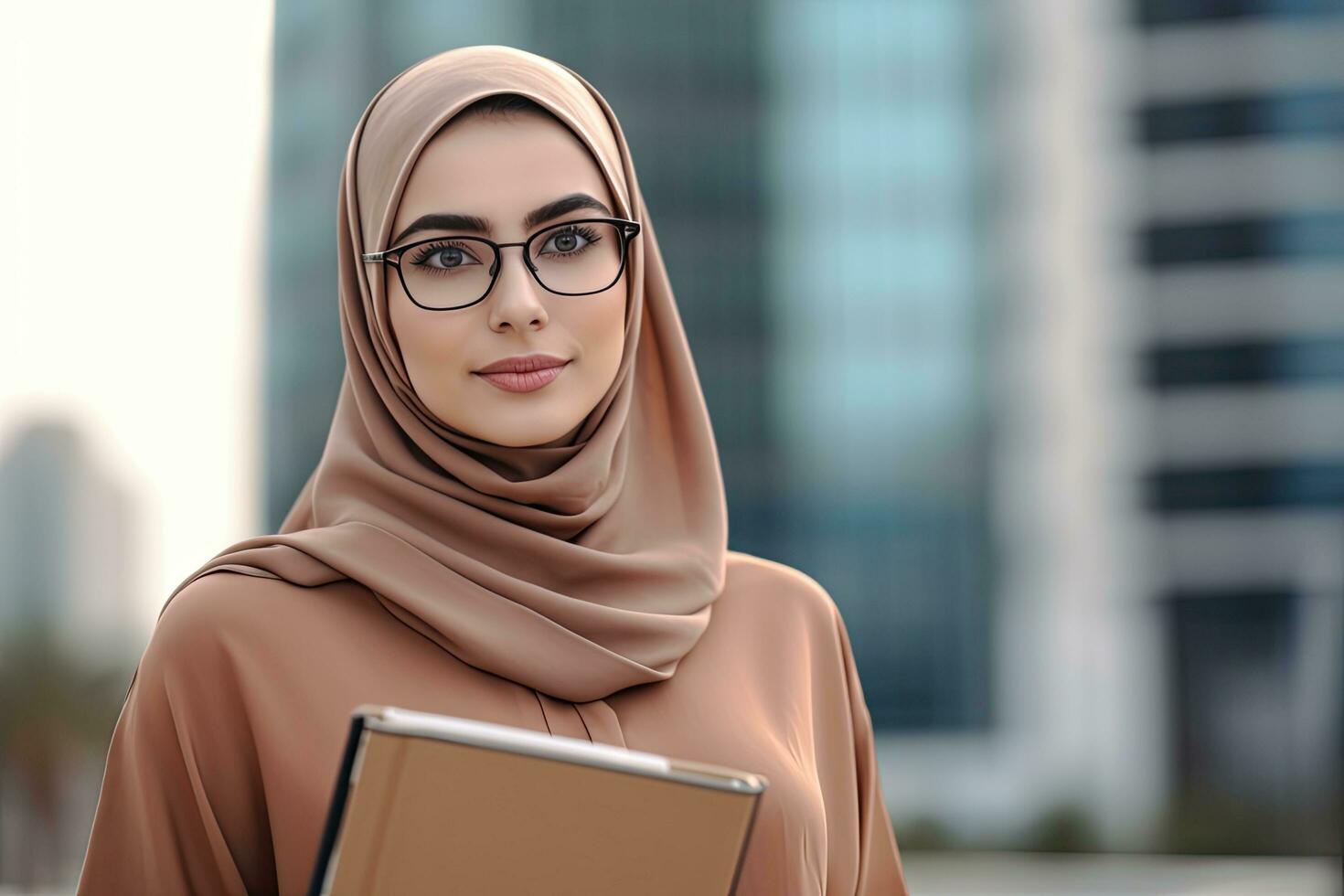 arabo giovane affari donna con taccuino ,Alto edificio sfondo ,generativo ai. foto