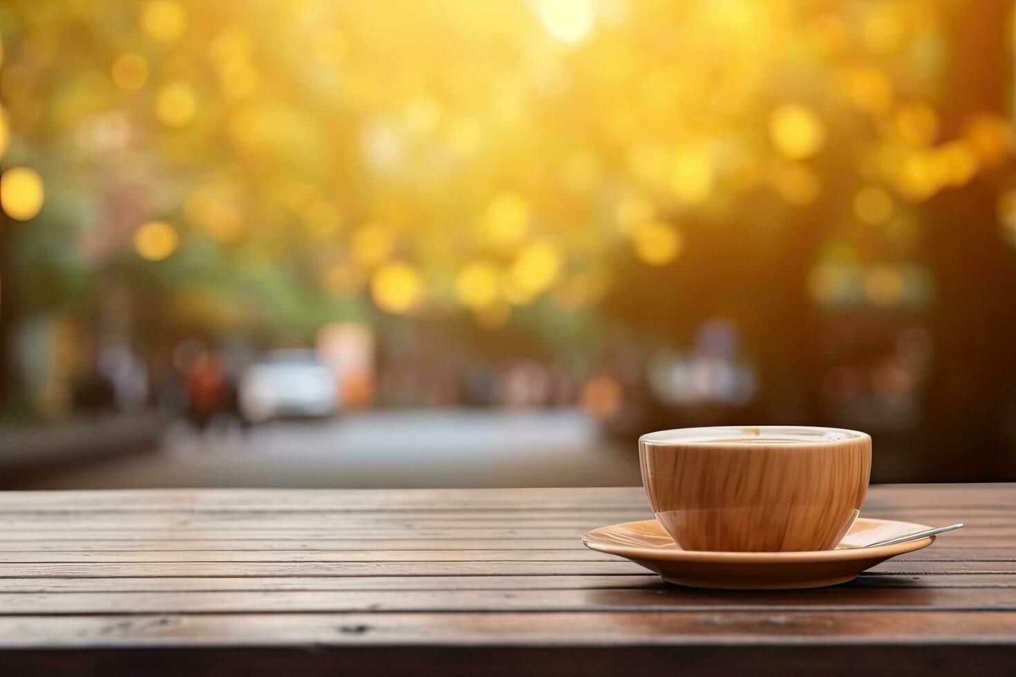 caffè tazza caldo su di legno tavolo superiore con sfocatura sfondo di all'aperto bar ,generativo ai foto