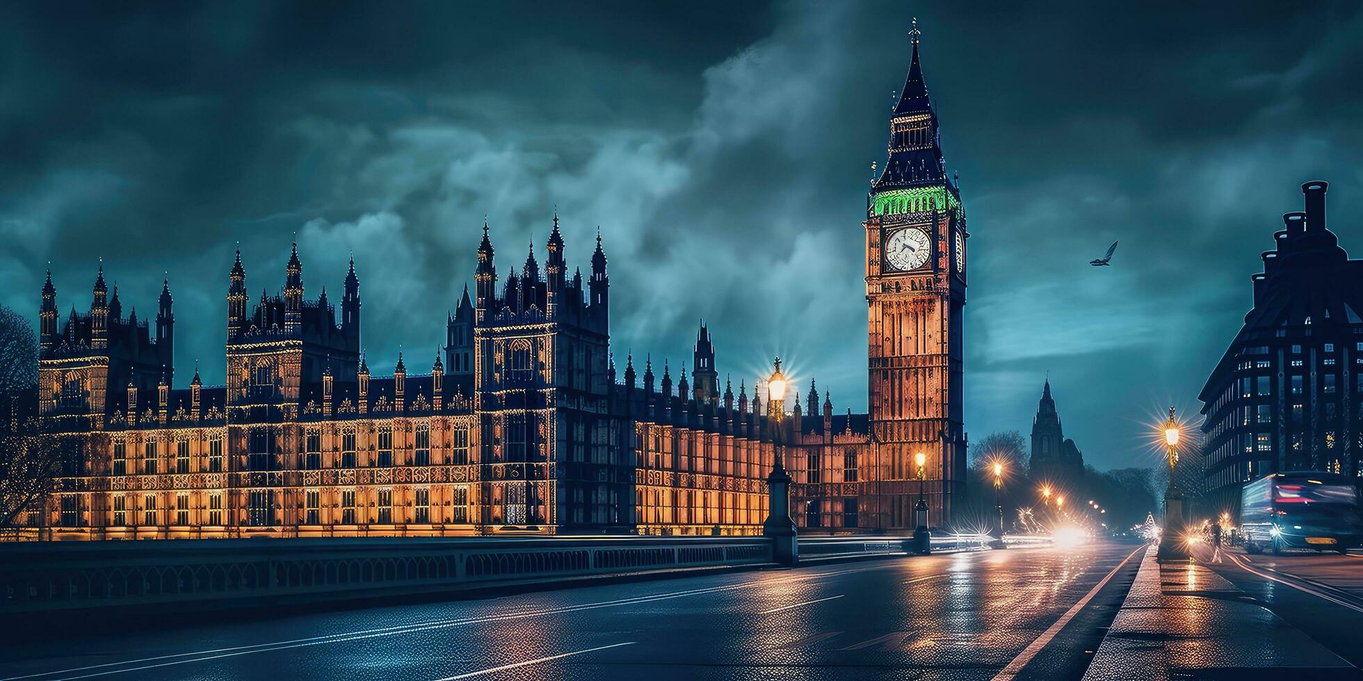 grande Ben e il case di parlamento a notte nel Londra, UK ,generativo ai foto