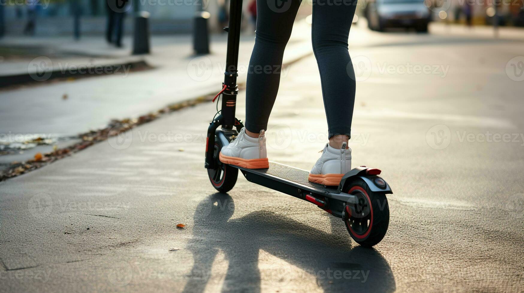 sconosciuto ragazze elegante cavalcata sfrecciare attraverso il città con equitazione su un' nero elettrico scooter. generativo ai foto