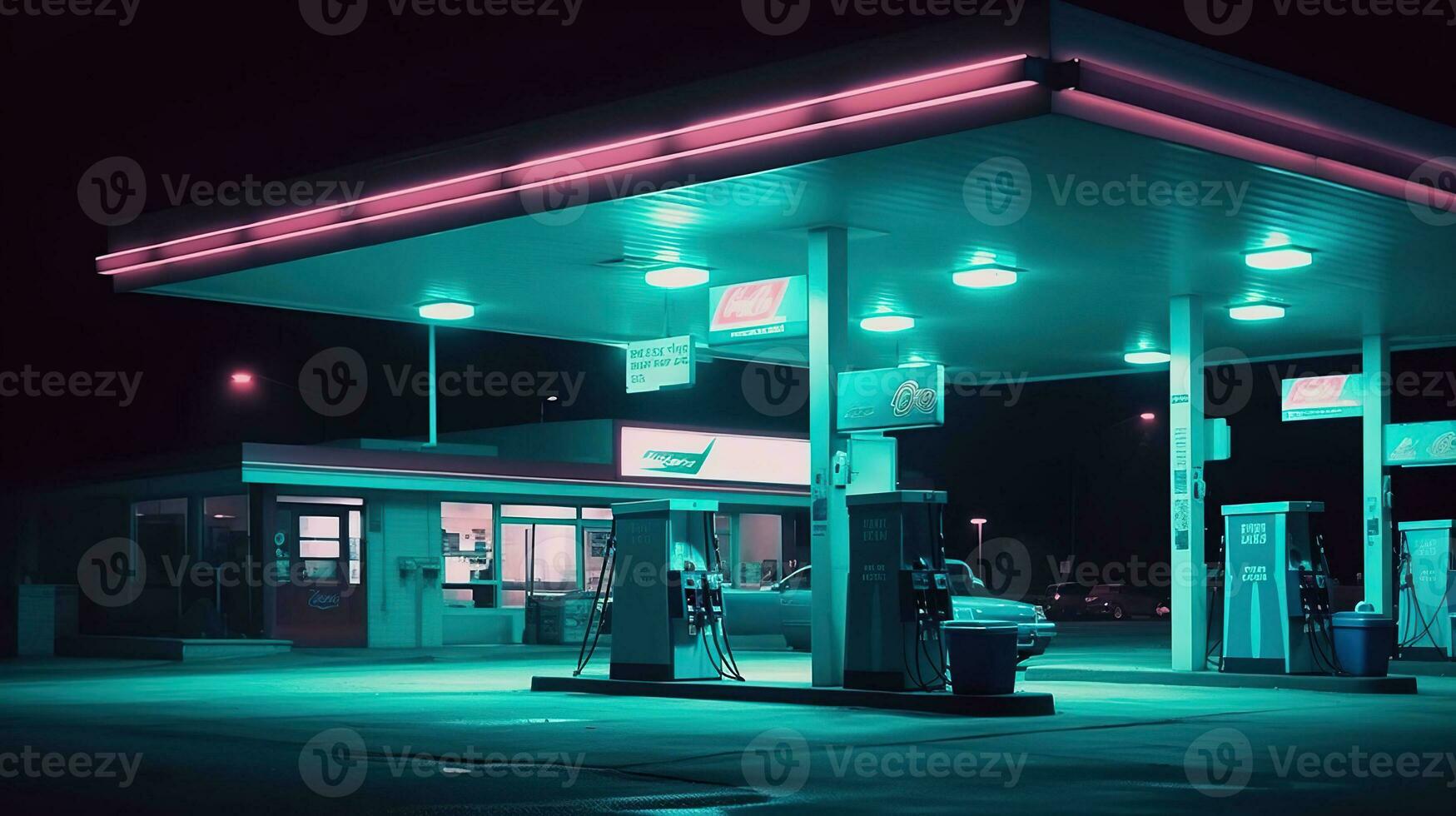 il surreale e raccapricciante mondo di un' adornato al neon 70s gas stazione. generativo ai foto