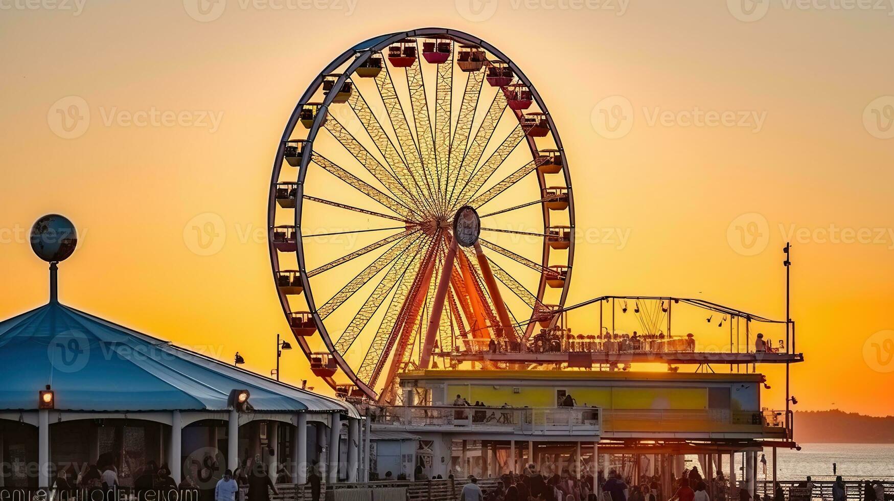 equitazione il Ferris ruota a tramonto su il molo. generativo ai foto