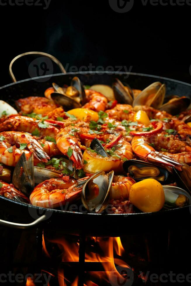 un' avvicinamento tiro di un' frizzante caldo padella pieno con appena cucinato frutti di mare sfondo con vuoto spazio per testo foto