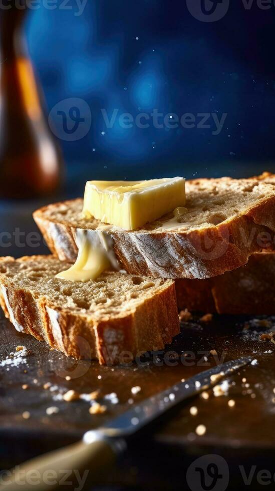 un' fetta di pane con burro e miele gocciolante giù il lato foto