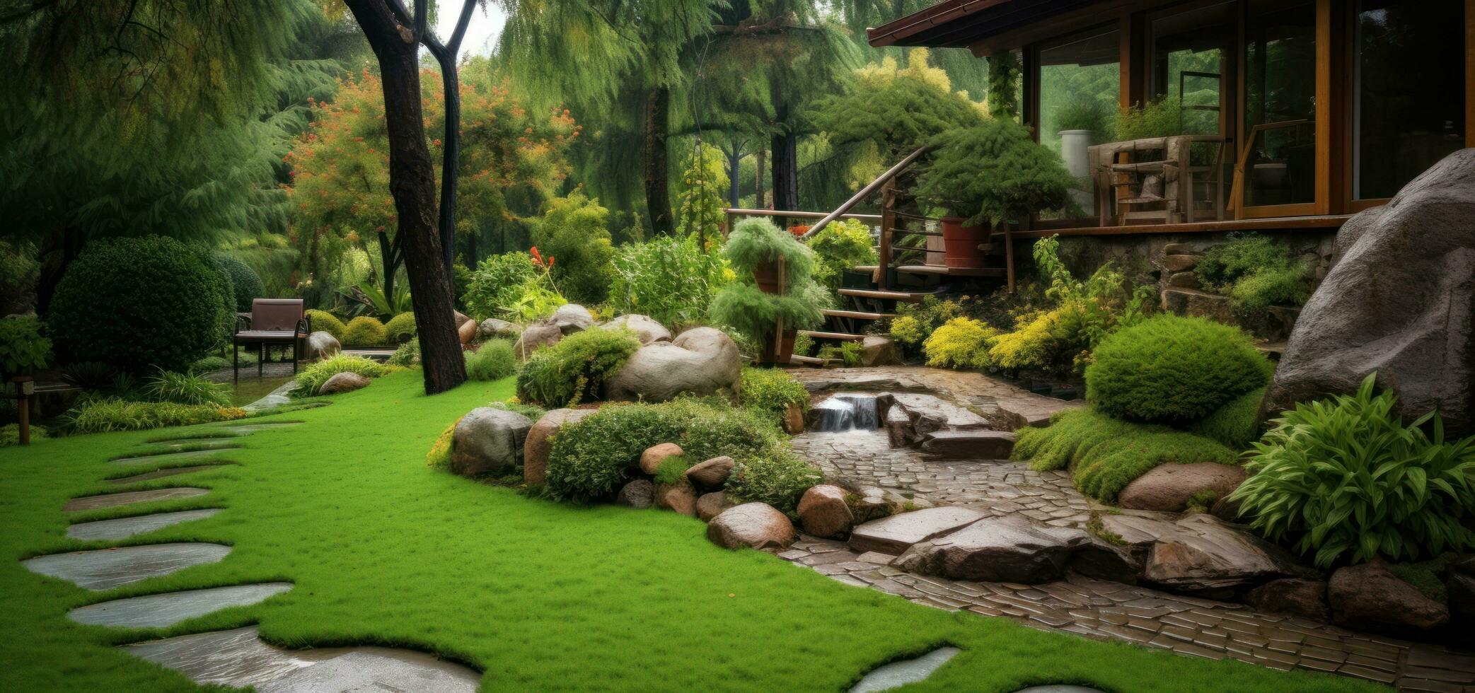 un' piccolo giardino scena con prato, alberi, e passaggi foto