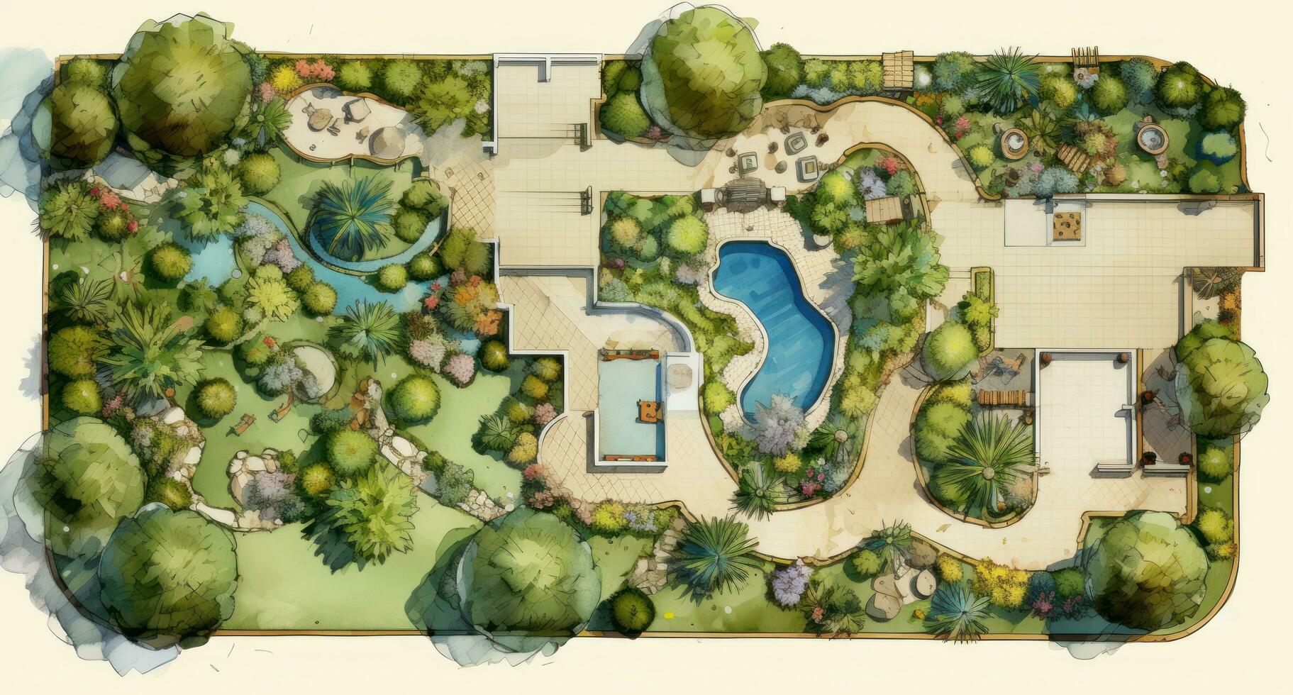 2d modello di un' giardino pavimentata con un' lotto di impianti e giardino nel davanti foto