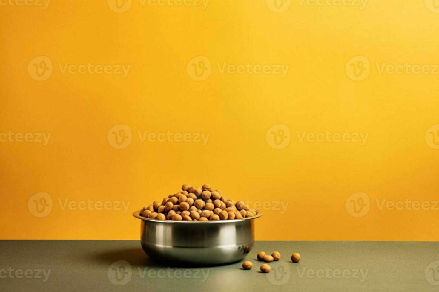cane ciotola con asciutto cibo su giallo sfondo copia spazio generativo ai animali domestici cura foto