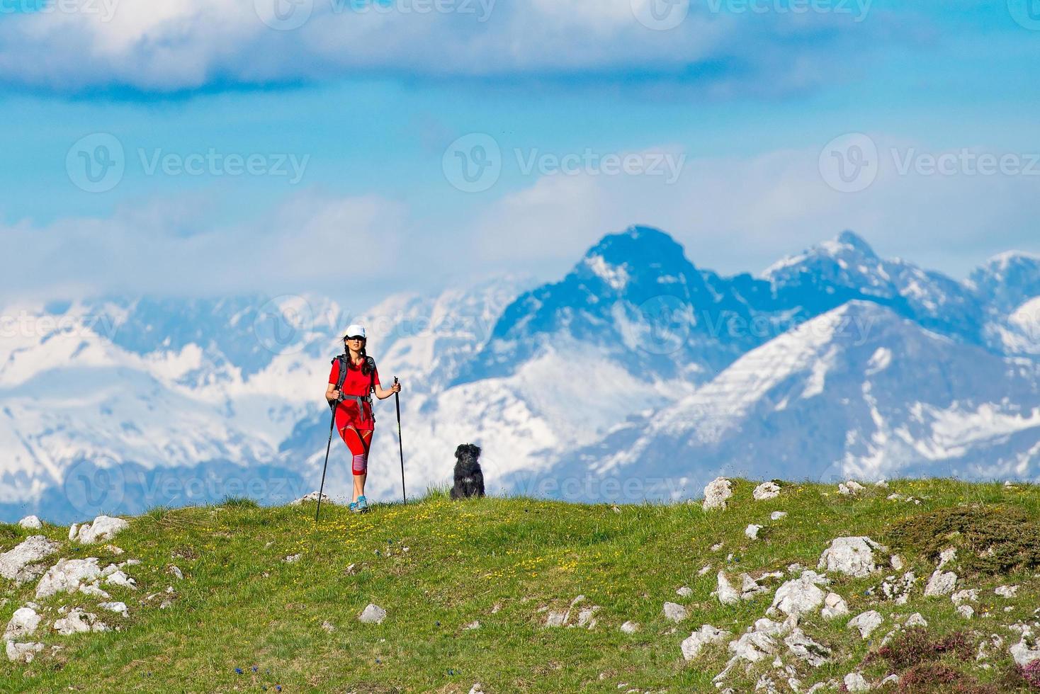 una passeggiata in montagna una donna con il suo amico cane foto