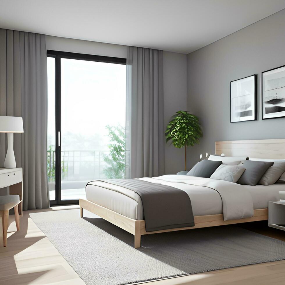 moderno Camera da letto con di legno letto e finestra leggero foto
