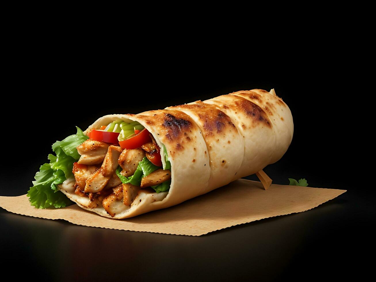 lato Visualizza shawarma pollo rotolo su nero sfondo foto