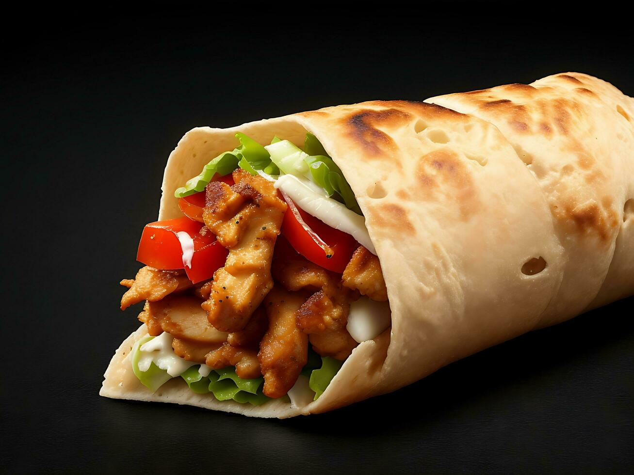 lato Visualizza shawarma un' pezzo di pollo rotolo su nero sfondo foto