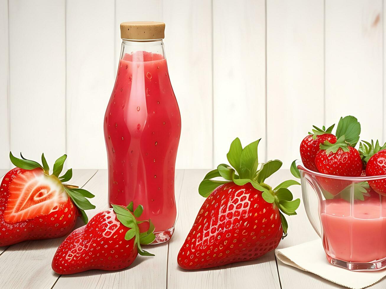 un' pochi bottiglie di fragola succo, fragole, e fragole siamo su un' di legno tavolo foto