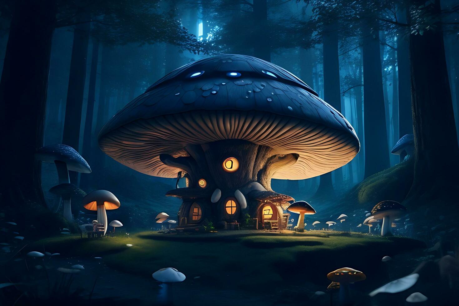 un' fungo Casa nel il cuore di il foresta notte scena futuristico sfondo foto