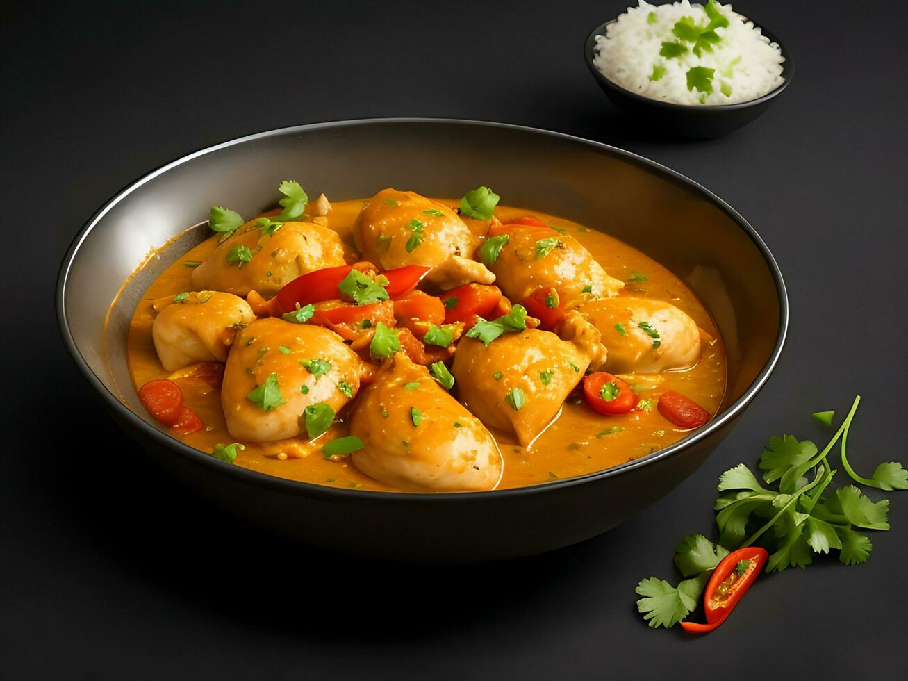 un' ciotola di burro pollo curry con riso su nero sfondo foto