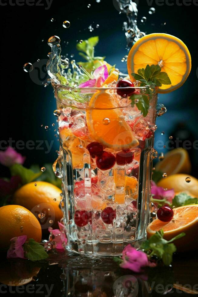 colorato cocktail con Ghiaccio, frutta, spruzzi su un' buio sfondo foto