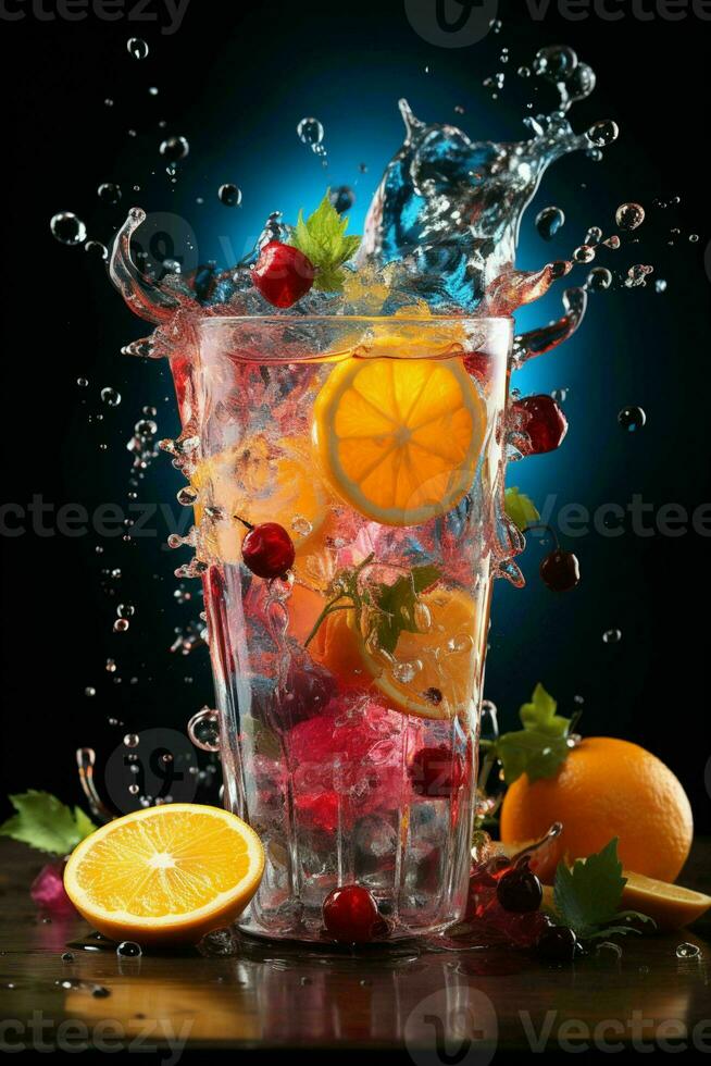 colorato cocktail con Ghiaccio, frutta, spruzzi su un' buio sfondo foto