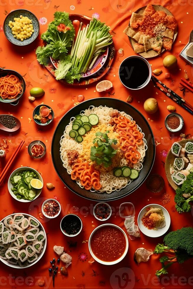 un internazionale festa a partire dal sopra, un' unificante diffusione di Sushi, pasta, e tacos su un' vivace tovaglia ai generativo foto