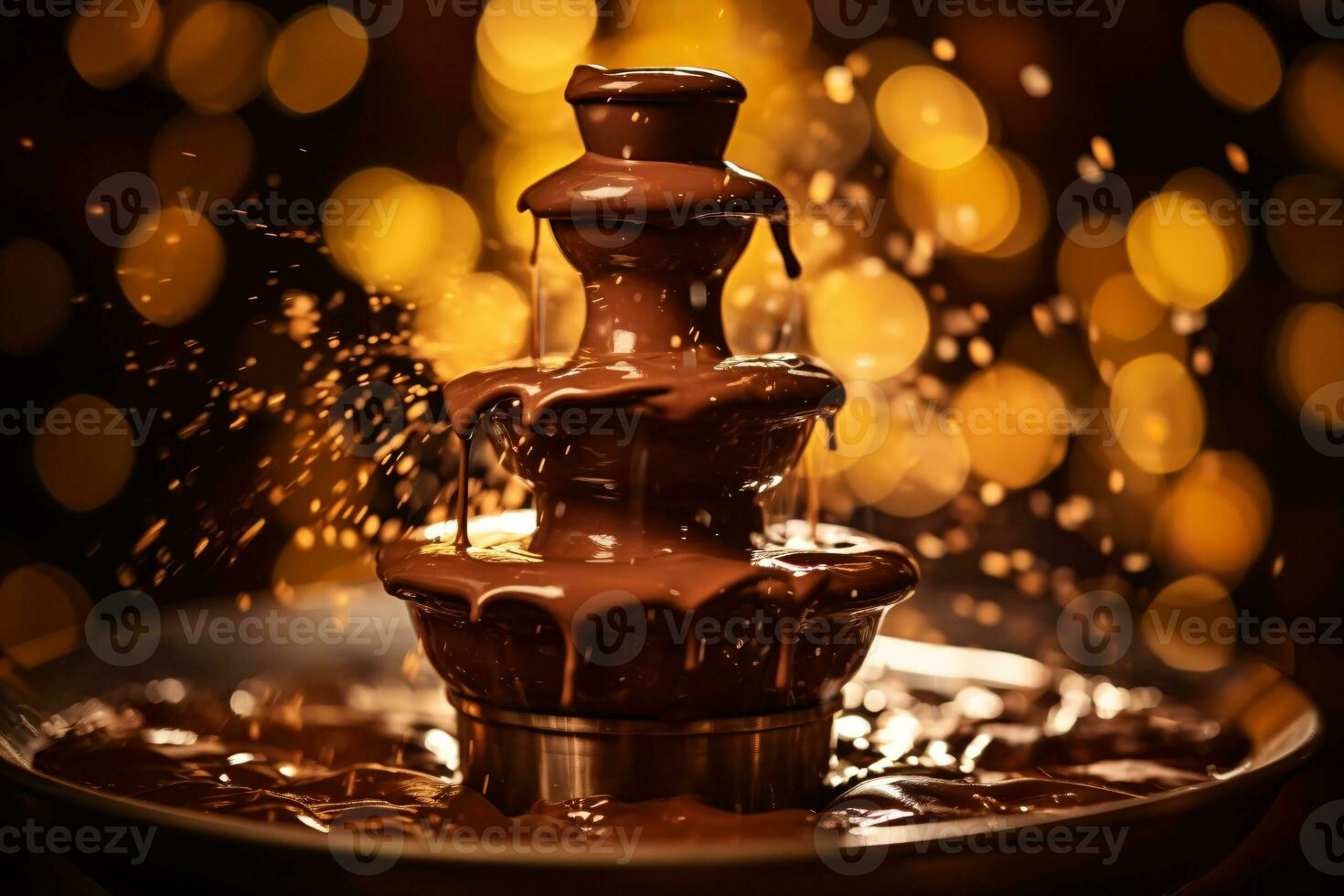 cioccolato Fontana zampillante contro illuminato fondale con sinistra copyspace ai generativo foto