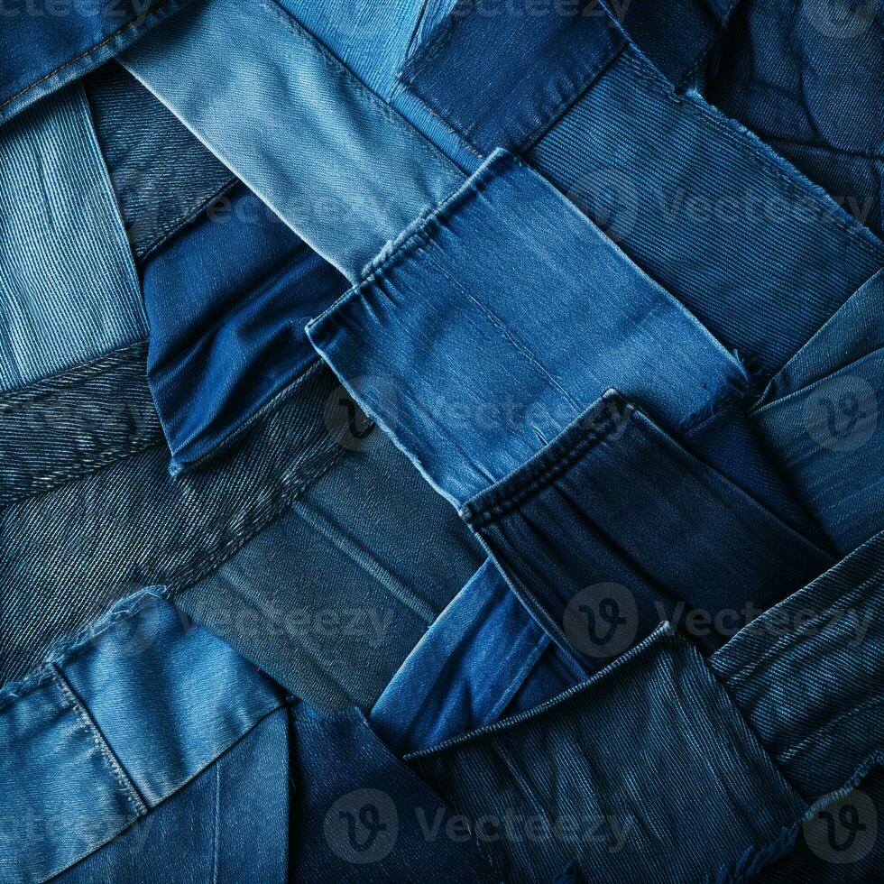 creativo patchwork di denim textures nel vario occhiali da sole di blu, ideale per incentrato sui giovani moda annunci ai generativo foto