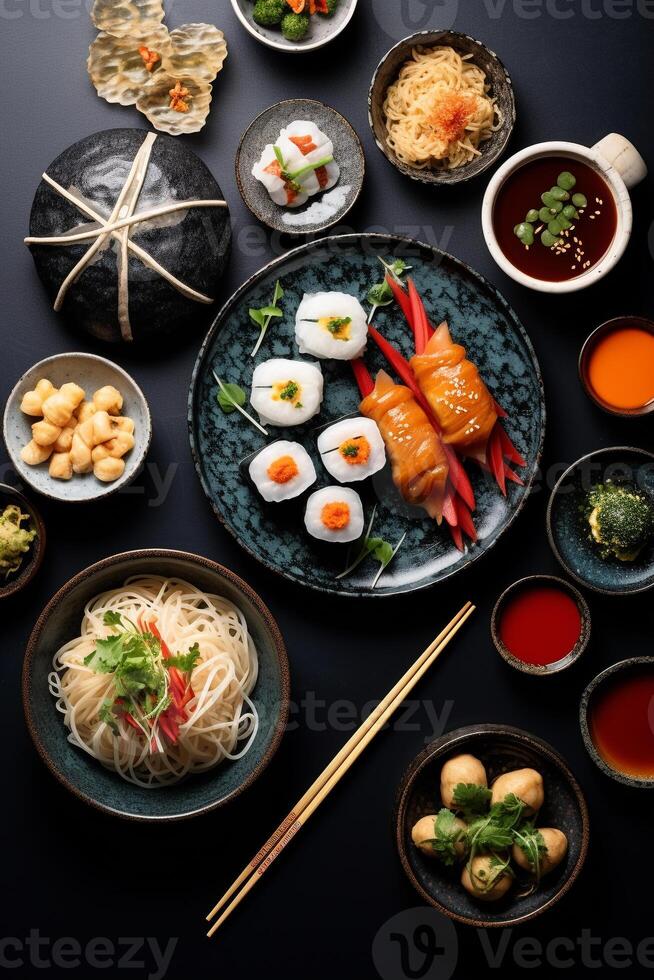 superiore Visualizza di un' semplice asiatico pasto ramen Ravioli e Sushi illustrare diverso sapori ai generativo foto