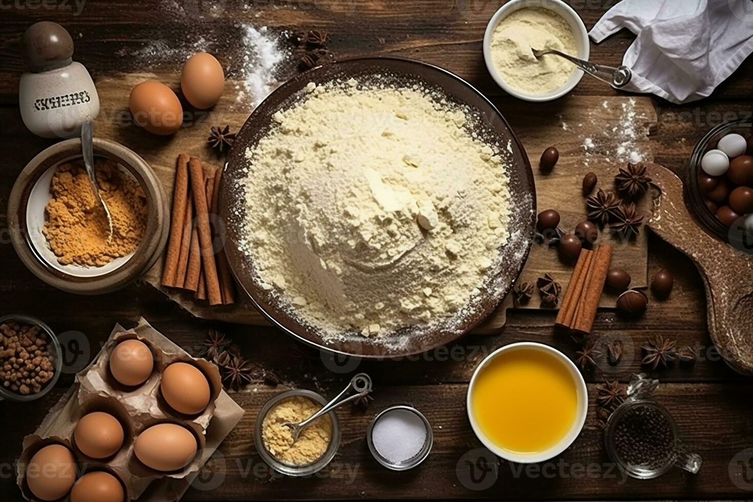 dall'alto al basso Visualizza di crudo biscotto Impasto e cottura al forno ingredienti cattura il gioia di cottura al forno ai generativo foto