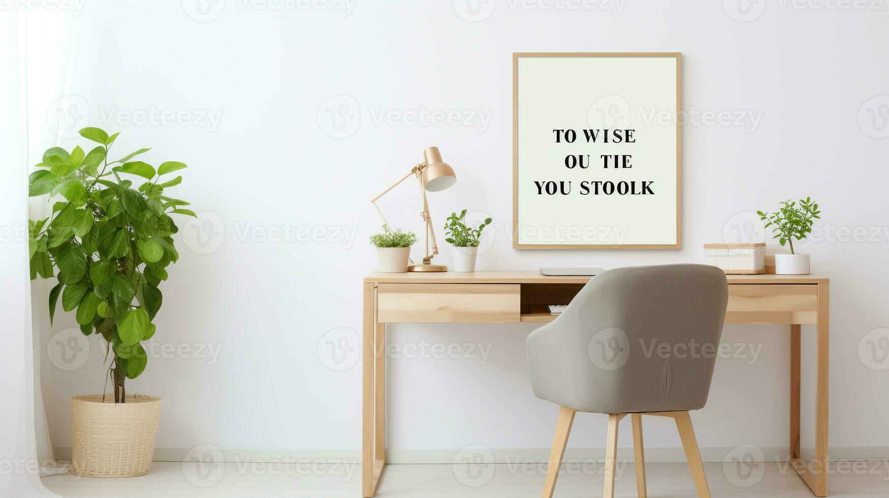 minimalista e moderno casa ufficio impostare con un' elegante di legno scrivania e ispirazione parete citazione ai generativo foto