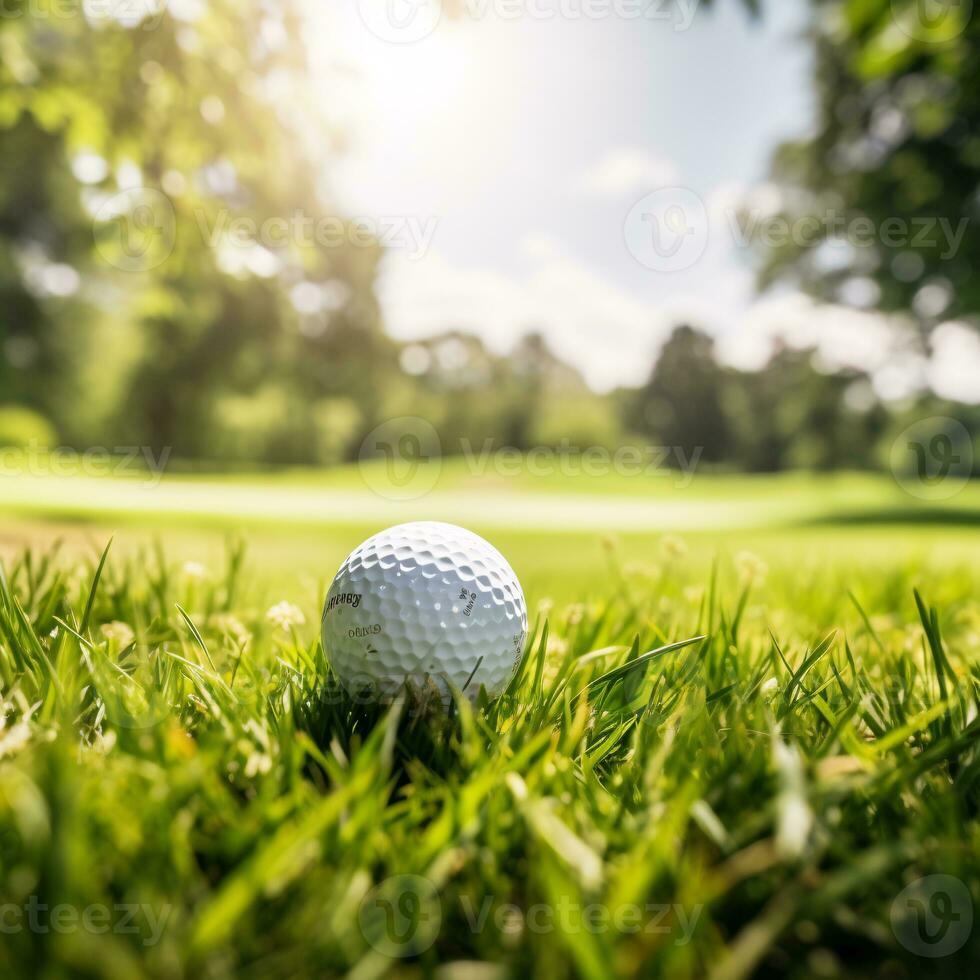 essenza di golf su un' sognante giorno con un' palla nel il primo piano contro un' illuminata dal sole orizzonte ai generativo foto