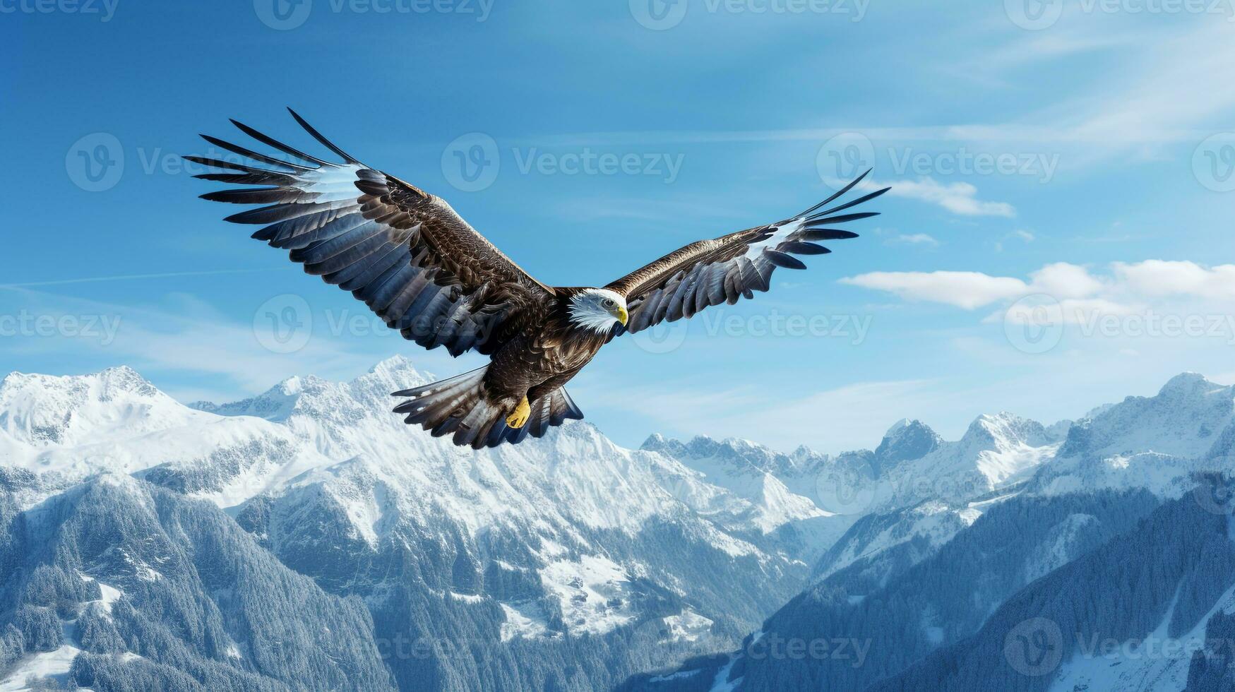 maestoso aquila Soaring sopra un' incontaminato, snow-capped montagna gamma sotto un' blu cielo ai generativo foto