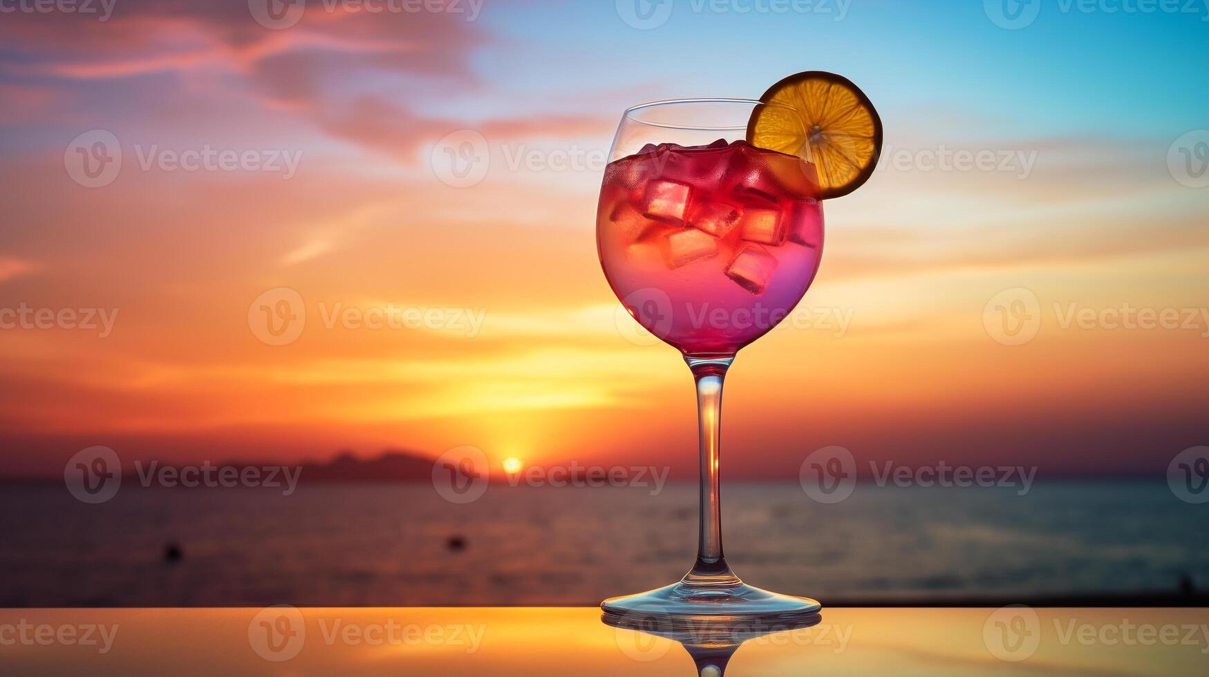 mozzafiato tramonto Visualizza con un' colorato stratificato cocktail bicchiere offerta copia spazio ai generativo foto