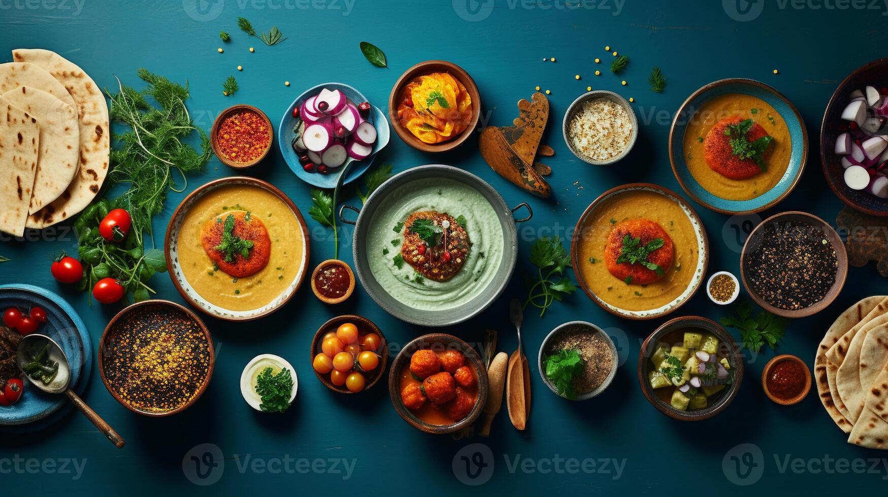 alto intravedere di un' mediterraneo festa hummus Pita pane e Falafel vicino un' tè pentola ai generativo foto