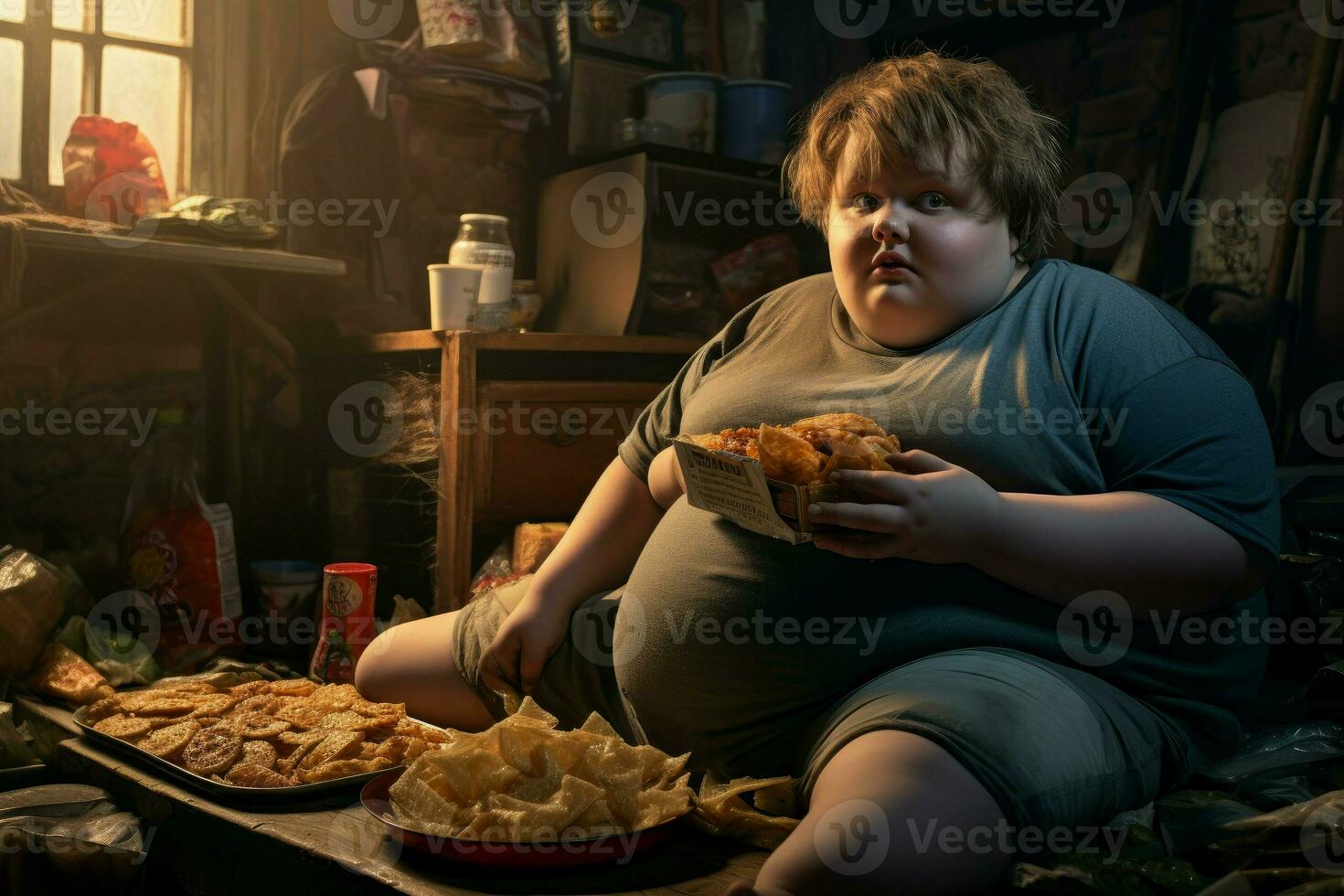 sovrappeso ragazzo orologio tv con veloce cibo. creare ai foto