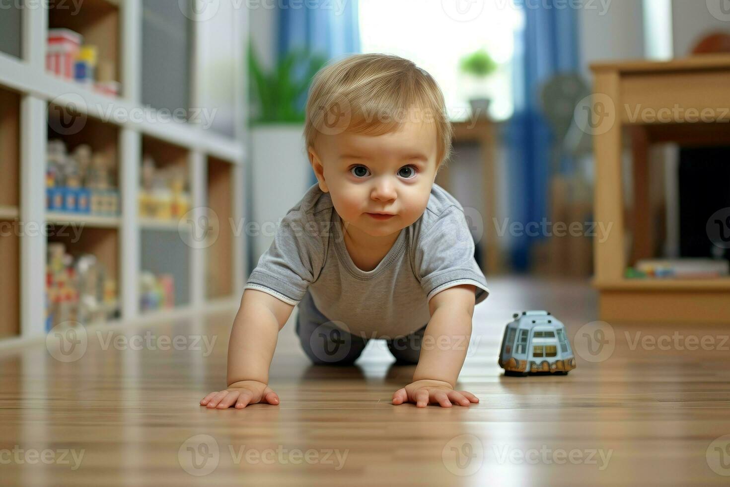 bambino ragazzo strisciando su pavimento. creare ai foto