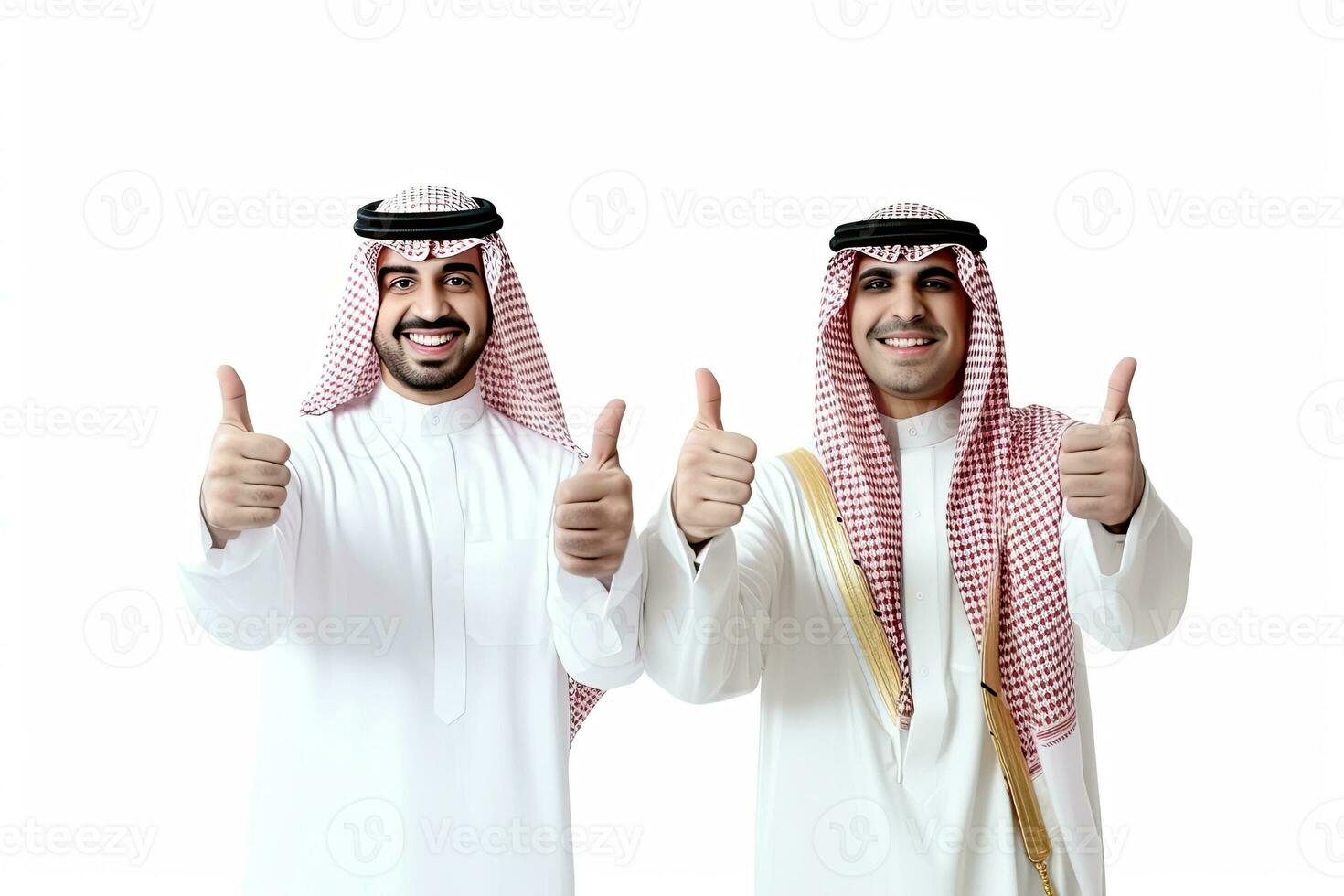 3d arabo gemello attività commerciale uomini Tenere pollice cartello generativo ai foto