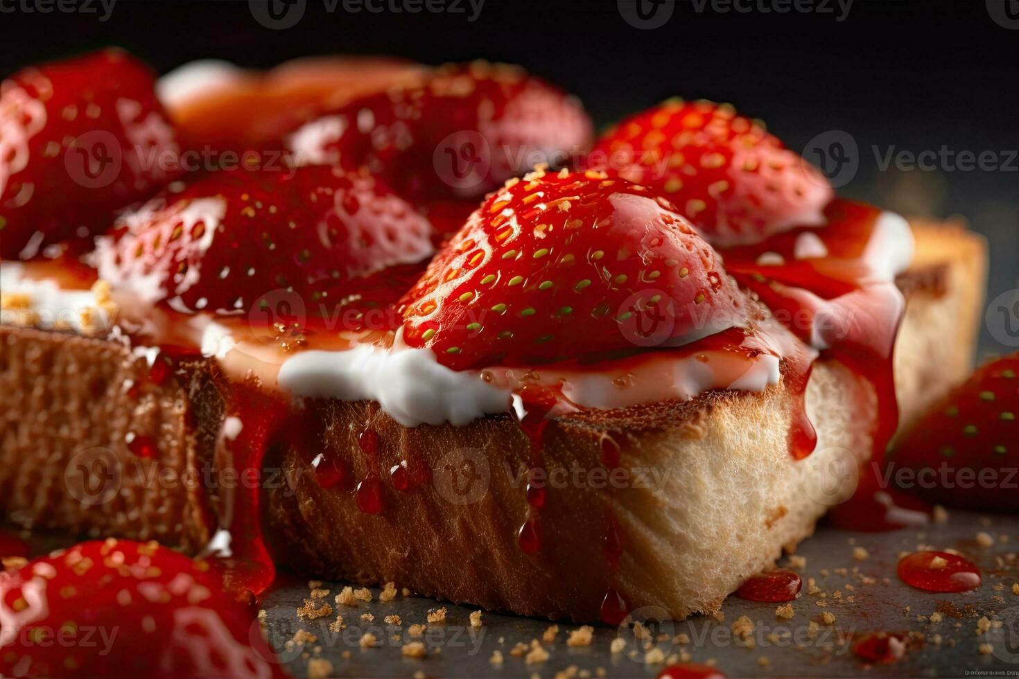 fragola pane abbrustolito, macro tiro di un' fresco prima colazione con gocciolante Miele, ai generato foto