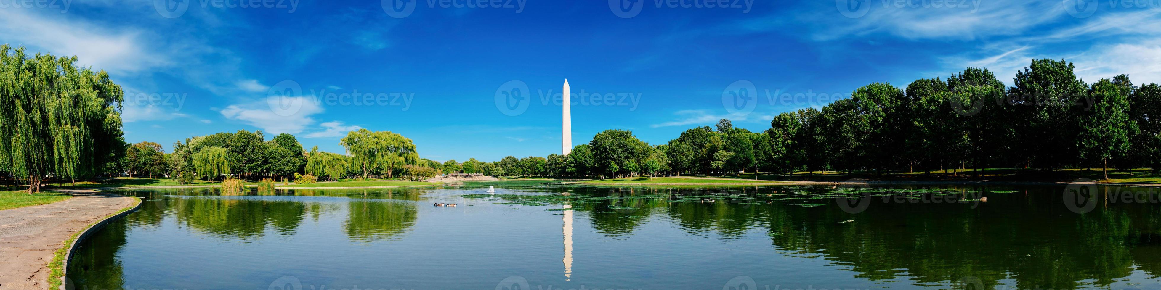 vista panoramica del monumento di Washington riflessa su un lago a Washington DC, Stati Uniti d'America. foto