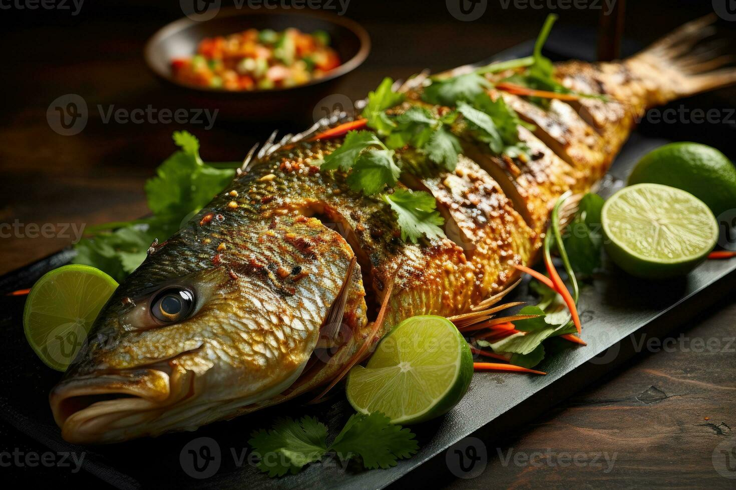 totale pesce con un' grigliato pelle arabo cibo generativo ai foto