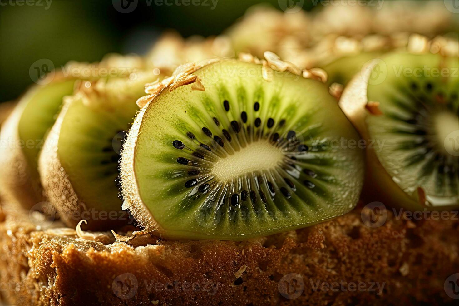 kiwi pane abbrustolito, macro tiro di un' fresco prima colazione con gocciolante Miele, ai generato foto