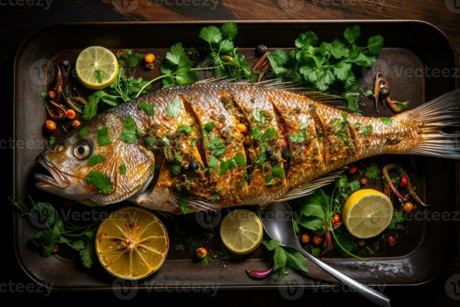 totale pesce con un' grigliato pelle arabo cibo generativo ai foto