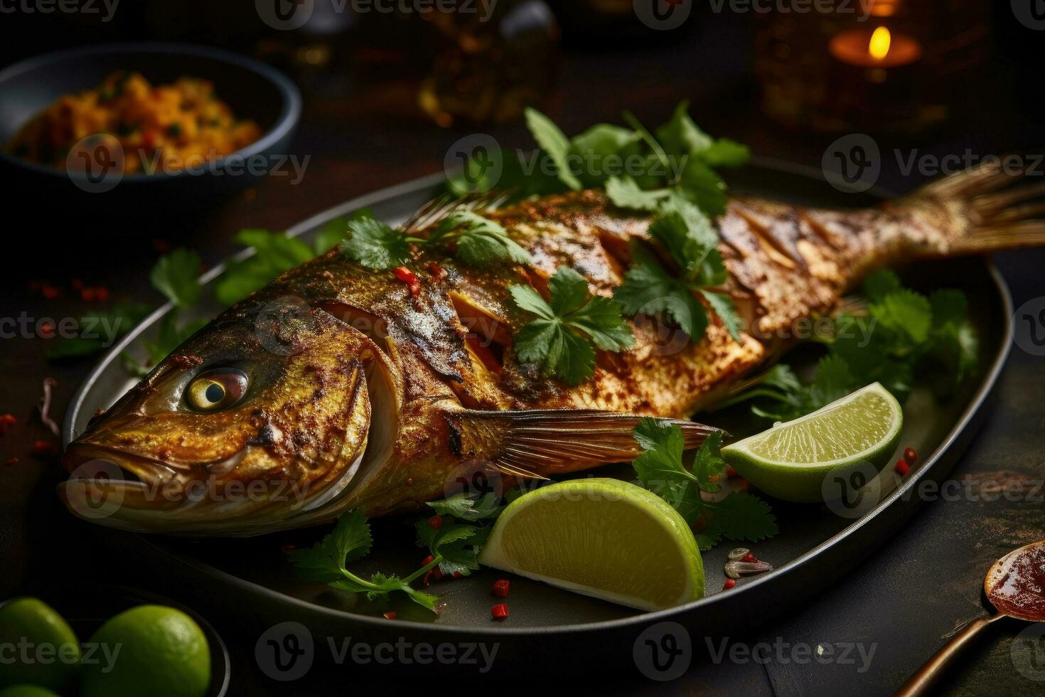 totale pesce con un' grigliato pelle arabo cibo generativo ai foto